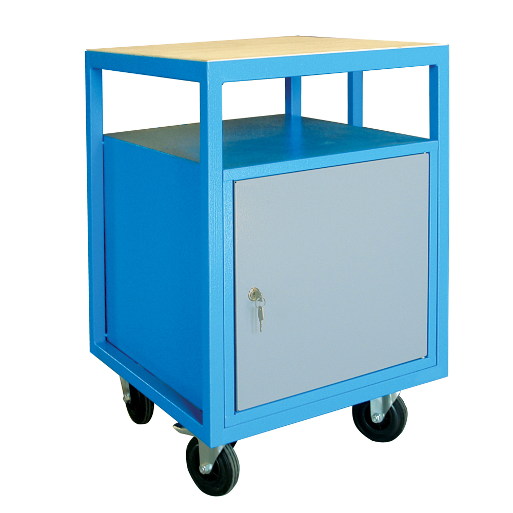 Kovov� dielensk� pracovn� st�l polovi�n�  so skrinkou na kolieskach, RAL 5015/7001
