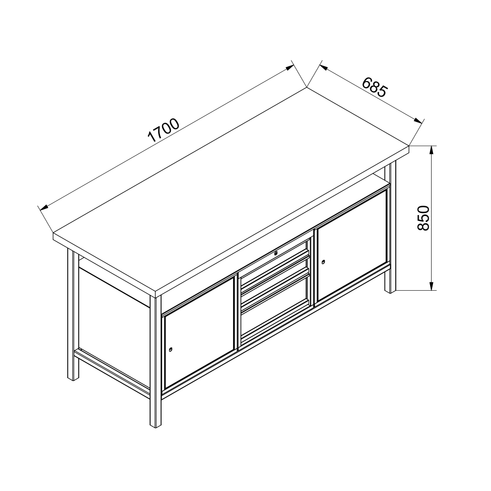 Kovov� dielensk� pracovn� st�l so z�suvkami, policou a skrinkou, 1700 mm-01