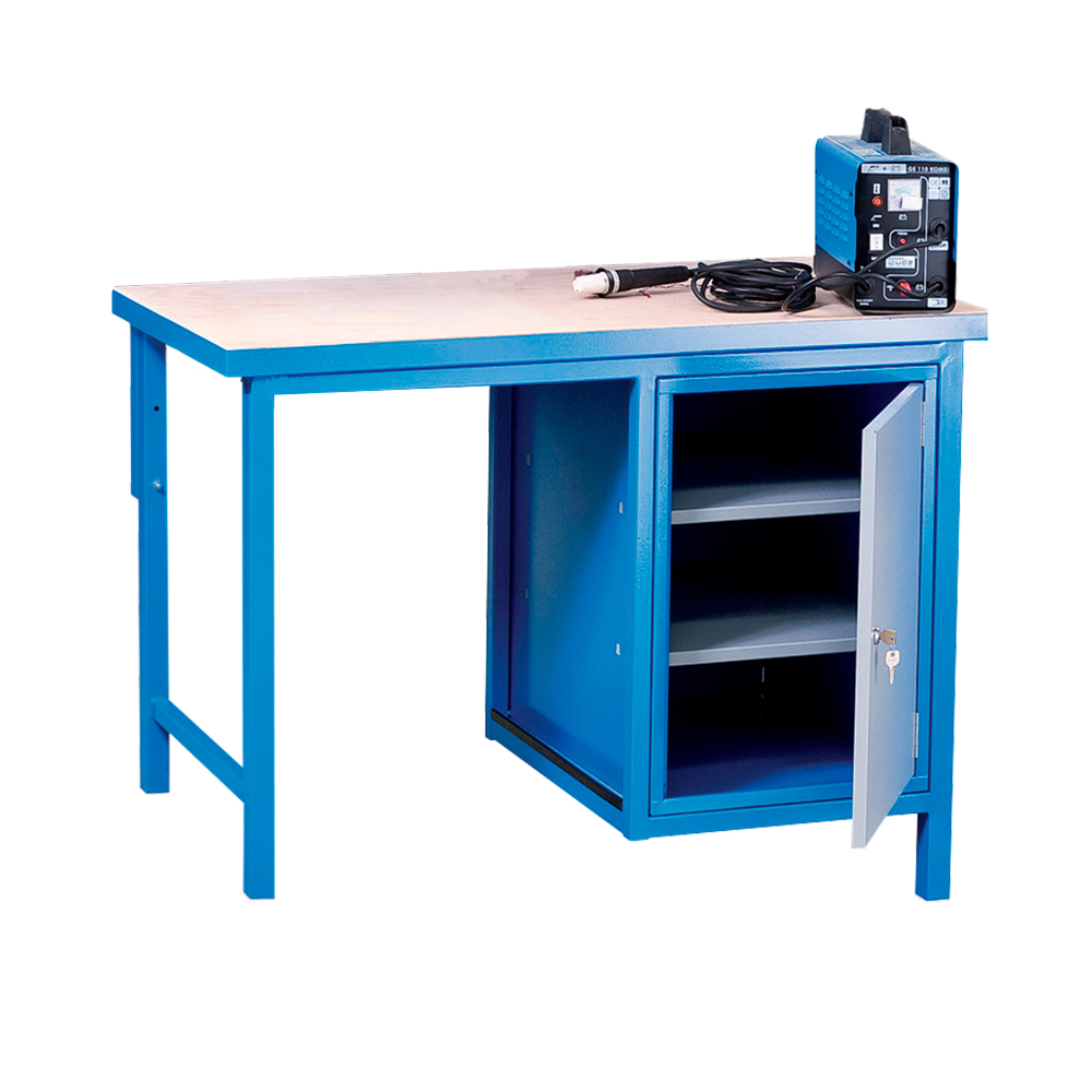 Kovov� dielensk� pracovn� st�l so skrinkou, RAL 5015/7001, MULT