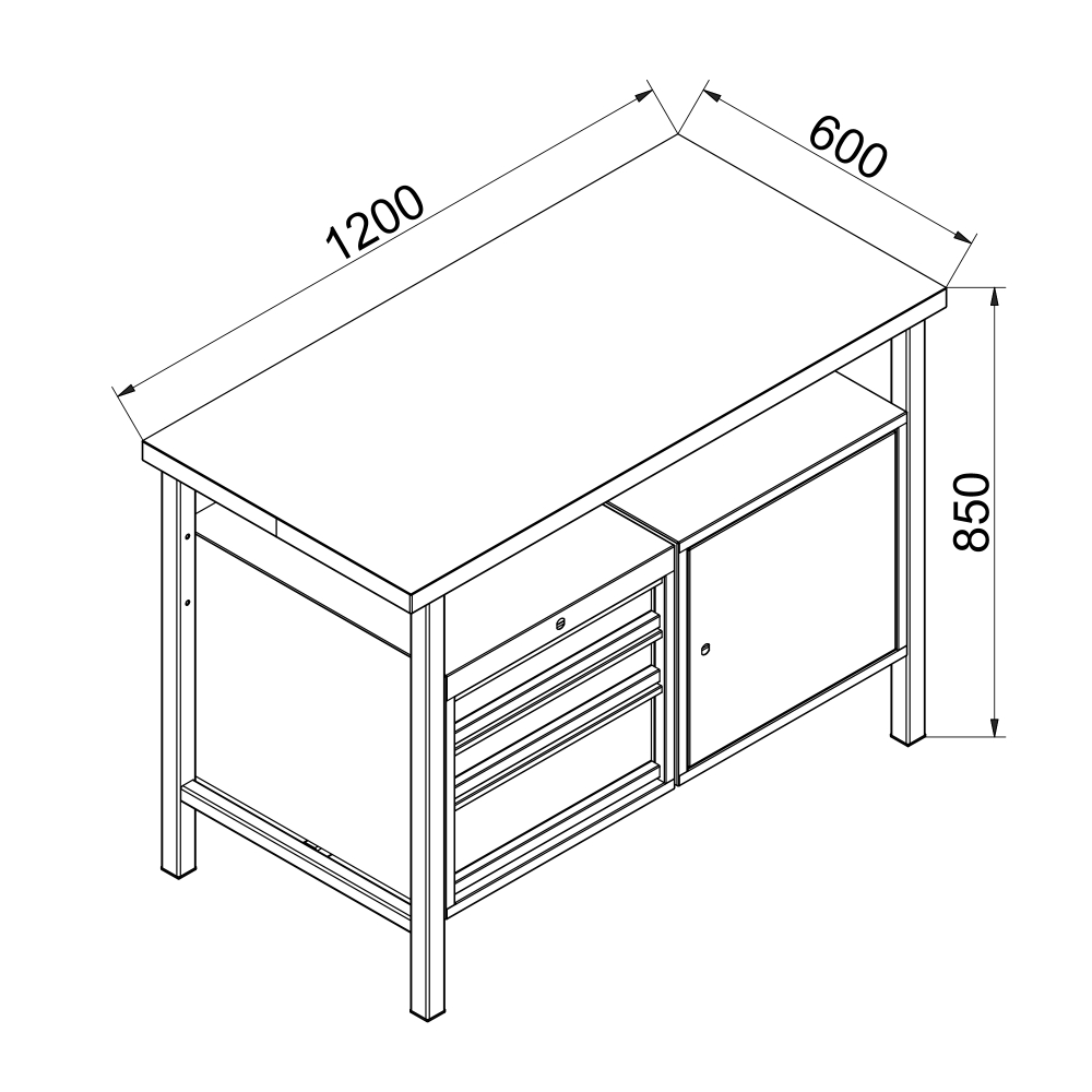 Kovov� dielensk� pracovn� st�l so z�suvkami, 1200 mm, P1200SS