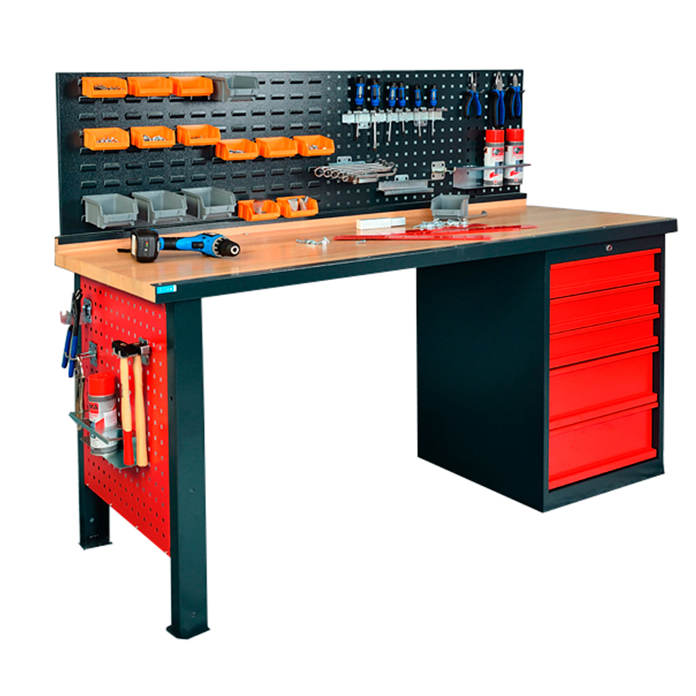 Kovov� dielensk� pracovn� st�l so skrinkou a perforovan�m panelom, 1700 mm