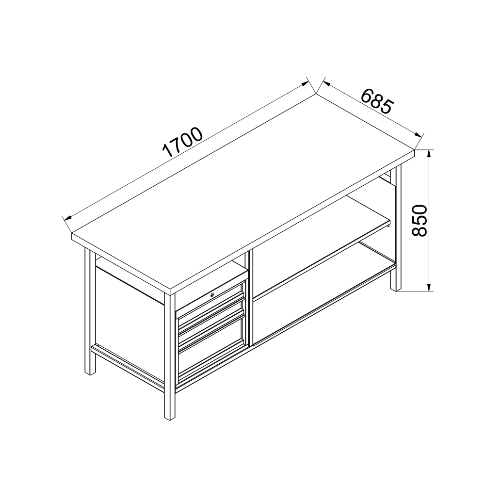 Kovov� dielensk� pracovn� st�l so skrinkou a policou, 1700 mm-01