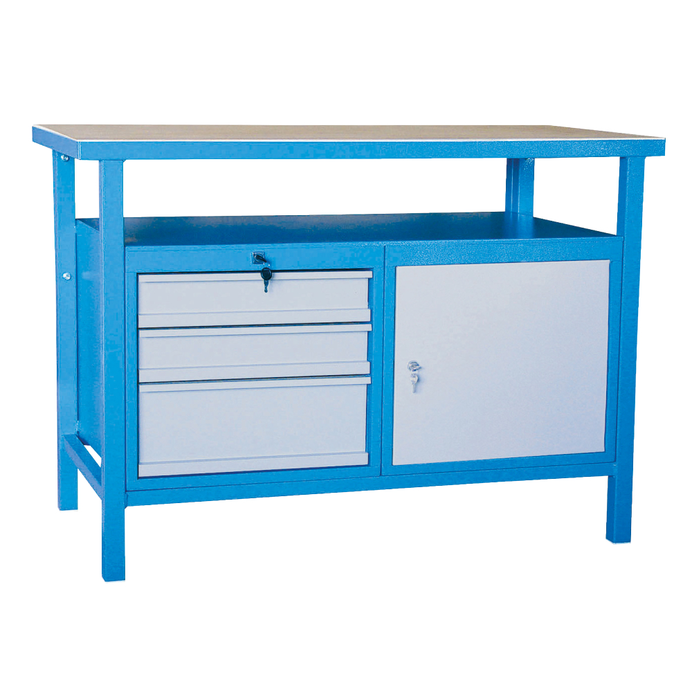 Kovov� dielensk� pracovn� st�l so z�suvkami a skrinkou, 1200 mm, RAL 5015/7001, P1200SLT