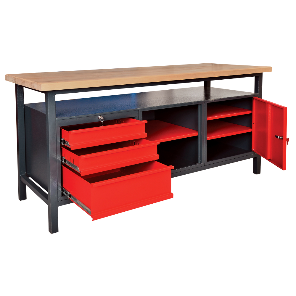 Kovov� dielensk� pracovn� st�l so z�suvkami, policou a skrinkou, 1700 mm, RAL 7016/3000