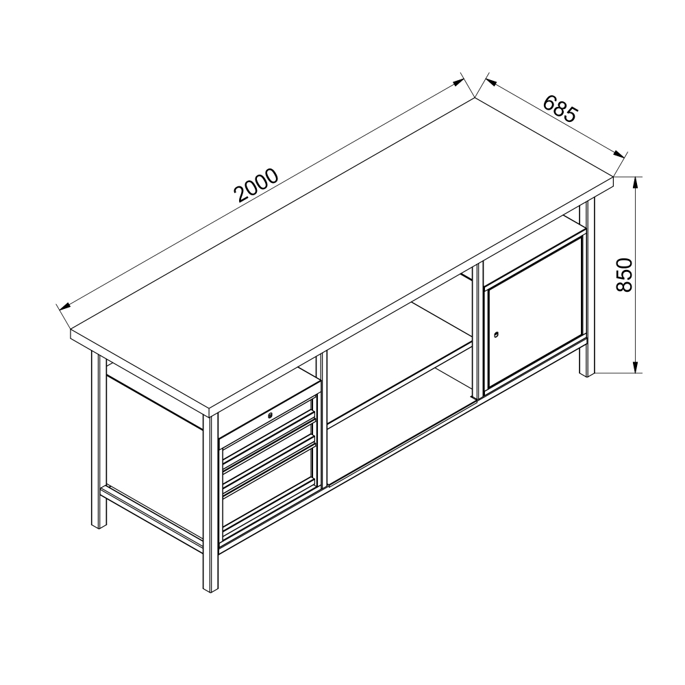 Kovov� dielensk� pracovn� st�l so z�suvkami, policou a skrinkou, 2000 mm-01