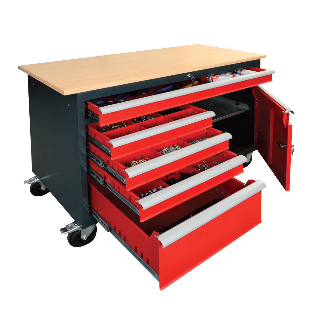 Kovov�  dielensk� pracovn� st�l so z�suvkami, skrinkou na kolieskach DENNER 01