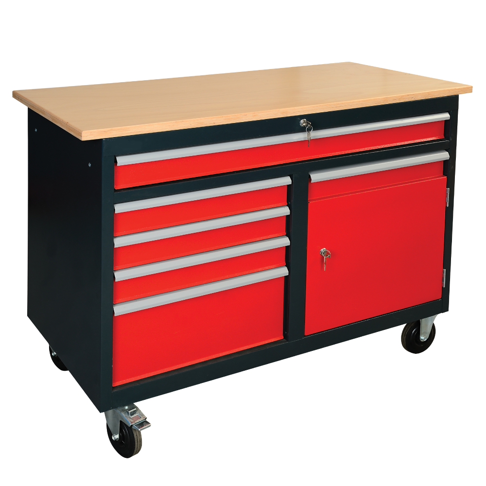 Kovov�  dielensk� pracovn� st�l so z�suvkami, skrinkou na kolieskach DENNER, RAL 7016/3000