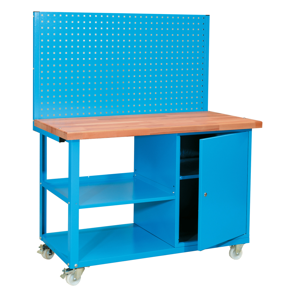 Mobiln� pracovisko KASEL s perforovan�m panelom, skrinkou a kolieskami, 1200 mm RAL 5015